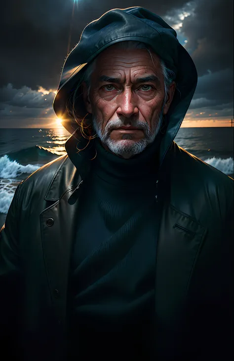 Dark, Deep Shadows, Rugged Award Winning Portrait Photos (Old Fisherman: 1.3), (Facial Focus: 1.5), (Storm: 1.2), (Waves: 1.3), Ocean, (Lighthouse Background: 1.5), (Denim Lens: 1.4), (White Turtleneck Sweater: 1.3), Looking at the Viewer, Realistic, Maste...