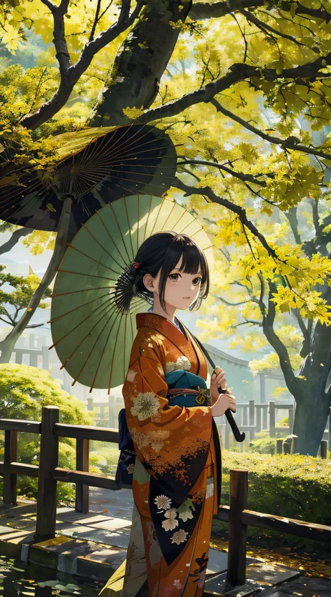 autumnal，beautiful  Girl（1girll：1.3），A high resolution，ultra - detailed，ginko，Ginkgo tree，Japan kimono，holding a umbrella，Noon time，And focus on the subtle details and atmosphere of the scene。