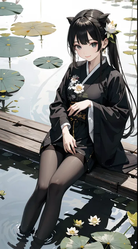 hoang lap，8K high resolution，ultra - detailed，（1girll：1.3），handpainted，Simple lines，16-year-old girl wearing black Chinese clothing，beuaty girl，In the lotus pond，tmasterpiece，Sit on a plank floating in the water，Floating hair，black pantyhoses，black pantyho...