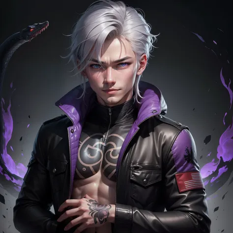 Nam,gray hair,How to get a black snake tattoo hand,wear a jacket,Boys,bloodshot,High resolution,(Super detailed:1.2),sad smile,restrain,Look at the viewer,back of arms,Detailed eyes,true pupils,inner pupil,Sharpen,purple eyes,