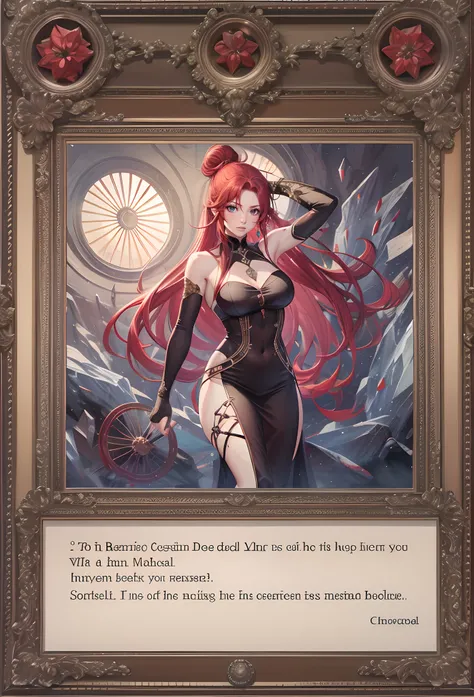 Drawn as a raw graphic，Red-haired mature female，hair-bun，The crystal frame is broken