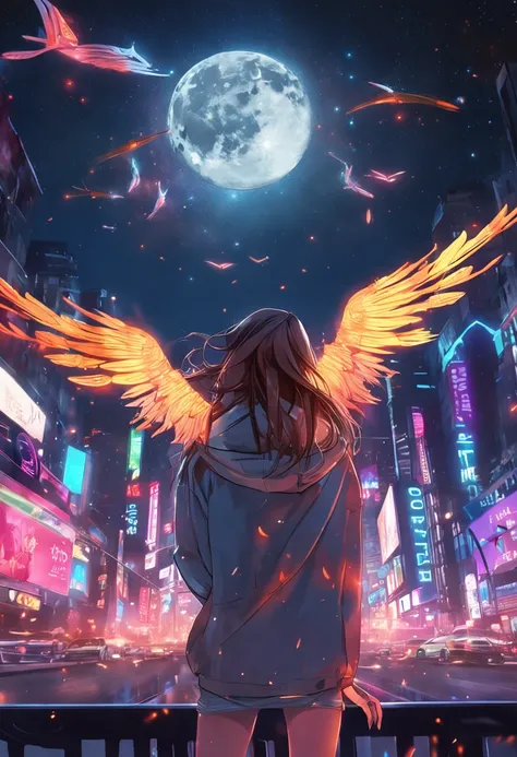 "Image Quality: 8K (Best Quality Scale: 1.2), Artistic Style: Realistic, Photorealistic Factor: 1.37, Clarity: Ultra High Definition, Subject:1girl flying above stunning cityscape ,hoodie,brown hair, neon color shooting stars, very long hair, off shoulder,...