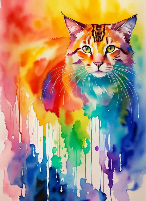 Watercolor: painting of a cat, with luminous design and pastel colors, built-in paint drips and autumn lighting. Painting style agnes cecile