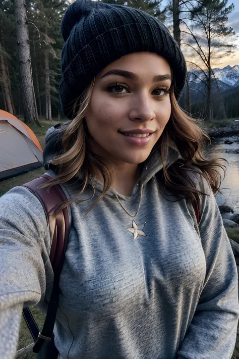 VeronicaCipher ((upper body selfie, happy)), masterpiece, best quality, ultra-detailed, solo, outdoor, (night), mountains, nature, (stars, moon) cheerful, happy, backpack, sleeping bag, camping stove, bottle water, mountain boots, gloves, sweater, hat, lan...