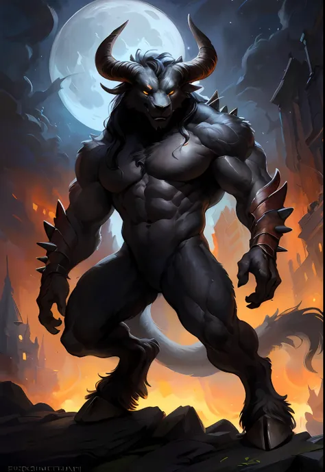 infernal demon of chaos from the abyss, big chest, night, sensual, giant muscles, detailed, uploaded to e621, beautiful and detailed portrait ((male))) kenket, ross tran, ruan jia, bonifasko, uploaded to e621, zaush, foxovh, wide hooves, large horns, many ...