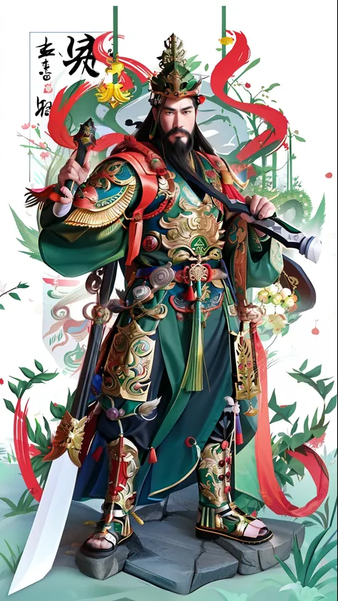 a cartoon of a man in a green outfit holding a sword, guan yu, inspired by Xuande Emperor, inspired by Hu Zaobin, inspired by Huang Shen, chinese warrior, by Xuande Emperor, the god emperor of mankind, inspired by Wu Bin, inspired by Huang Ding, chinese my...