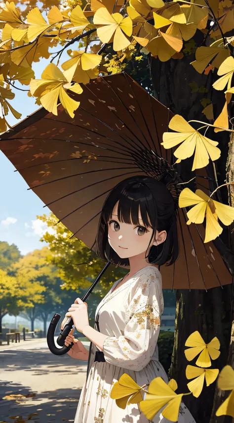 autumnal，beautiful  Girl（1girll：1.3），A high resolution，ultra - detailed，ginko，Ginkgo tree，komono，holding a umbrella，Noon time，And focus on the subtle details and atmosphere of the scene。