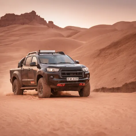 dois carros pretos no deserto do saara com uma montanha de fundo, na ponta da montanha e fazendo rallye, 8k, realista