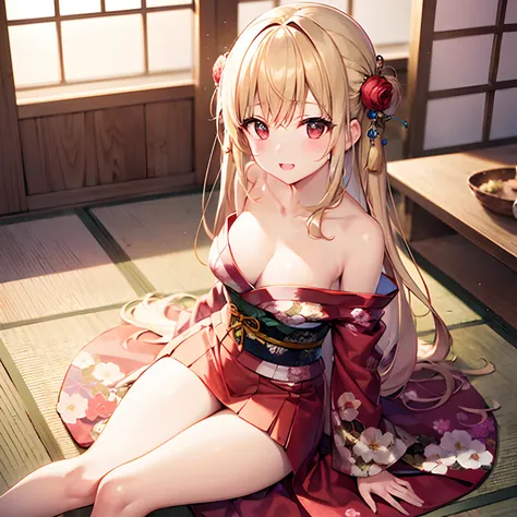 a blond、red eyes、Beautiful girl alone、Floral kimono、off shoulders、a miniskirt、traditional Japanese room、sitting on、Kamimei、Watching from above