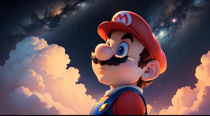 Super Mario looking up at the starry midnight sky, Estilo Lofi, fechar para cima, Ultra Detalhado, 8k