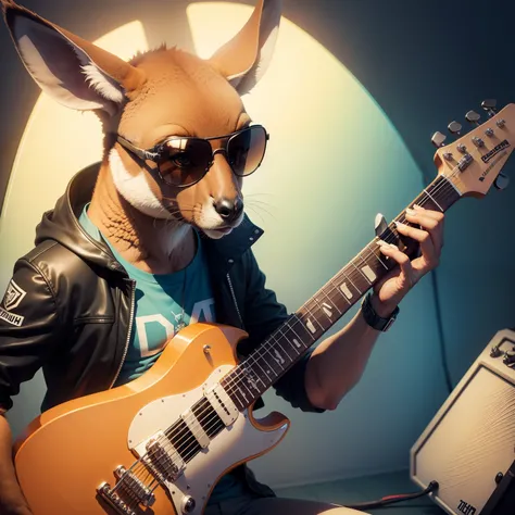 A kangaroo with sunglasses playing an electric guitar