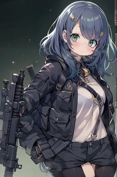 Hold a huge assault rifle、Long sideburns、Anime-style girl with beautiful whole body, clean detailed faces, ciber,analogous colors, Glowing shadows, beautiful gradients, depth of fields, CLEAN IMAGE, High quality,Black Parker Closing、 high detailing, High D...