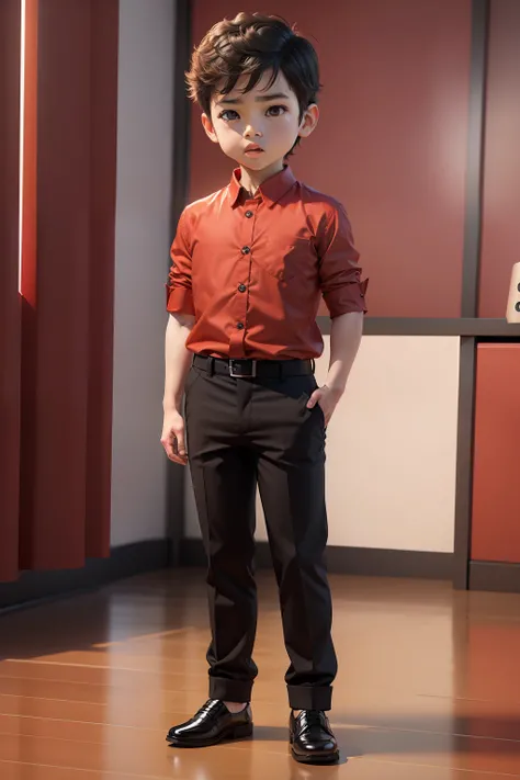 Funny little boy full body, 3d rendering, 8K, handsome, office background. kemeja merah, celana hitam panjang