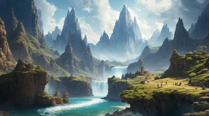 Masterpiece, best quality, high quality, extremely detailed CG unity 8k wallpaper, landscape, outdoor, sky, cloud, sky, no humans, mountain, landscape, water, tree, blue sky, waterfall, cliff, nature, lake, river , cloudy skies, award winning photography, ...