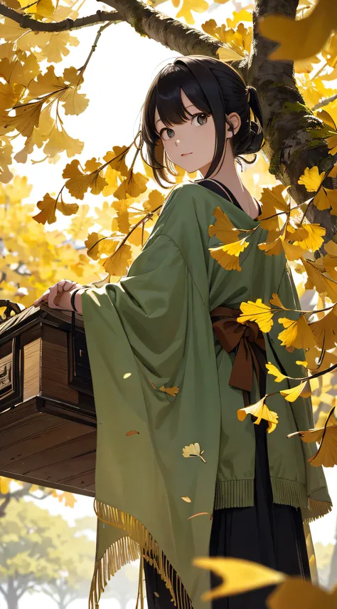 autumnal，beautiful  Girl（1girll：1.3），A high resolution，ultra - detailed，ginko，Ginkgo tree，komono，Noon time，And focus on the subtle details and atmosphere of the scene。