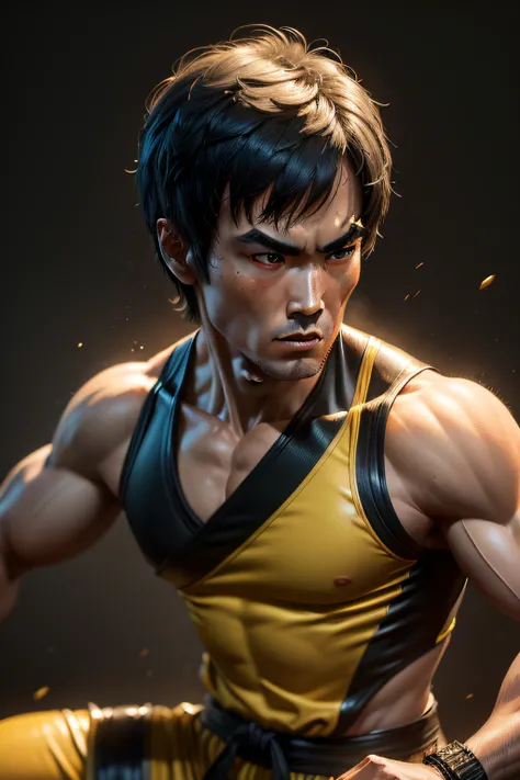 a close up of Bruce Lee a yellow and black costume, high detail iconic character, character from mortal kombat, portrait of bruce lee, cg artist, highly detailed exquisite fanart, fan art, photorealistic fan art, ross tran 8 k, daz 3d, daz 3 d, daz3d, by r...