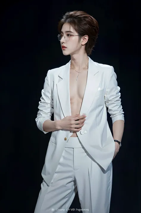 Arad man posing for photo in white suit, While wearing a white Business suits, White suit, wearing futuristic white suit, smooth white tight clothes suit, Suit boy, full-body xianxia, Handsome guy in white, Boy in suit, Cai Xukun, Lu Ji, wearing white clot...