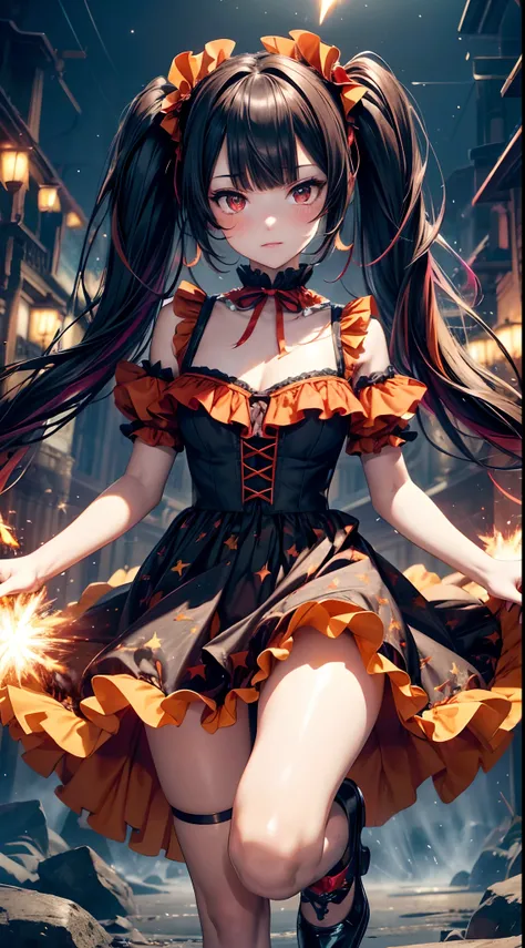 (fullbody, legs and shoes visible: 1.2)) expressive eyes, woman, pale skin, long hair, windblown hair, ((long hair)), long sidelocks, hime bangs, hair fringe, hair bun, ((long twintails)), flaming hair, red hair, blushing, full face blushing, big sparkling...