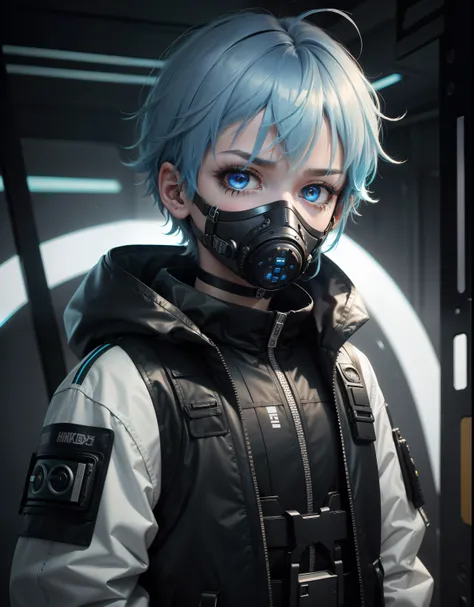 1 boy,shoun,10yaers old,cyberpunked,blue hairs,Yellow and Red Odd-Eye,Hair that grows to the shoulders,hair messy,Like a woman,Neutral,Blue mesh on bangs,Black eyeshadow under the eyes,Sleepy look,baby-face,gas masks,White and blue techwear jacket,Anxious ...