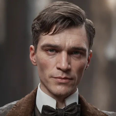 Create a breathtaking cinematic portrait of Thomas Shelby that captures his essence in a captivating and realistic manner. Craft an awe-inspiring 3D render that brings out his powerful and charismatic character traits. Emphasize the intricate details of hi...