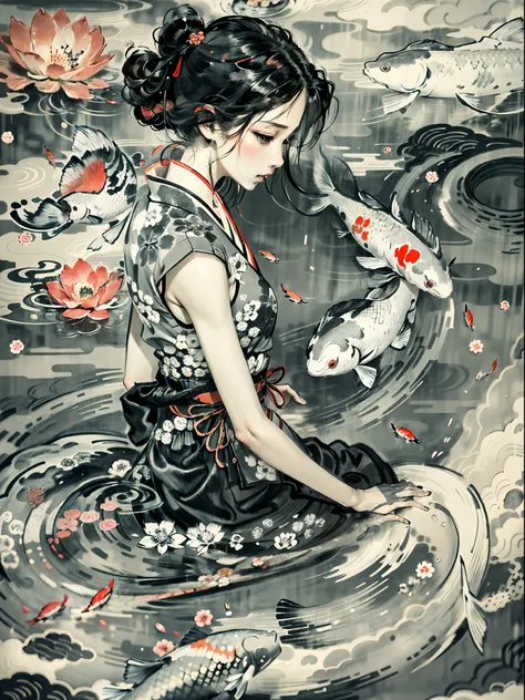 "A captivating scene of graceful koi fishes elegantly swirling around a young girl, resembling an exquisite Japanese black and white ink painting."