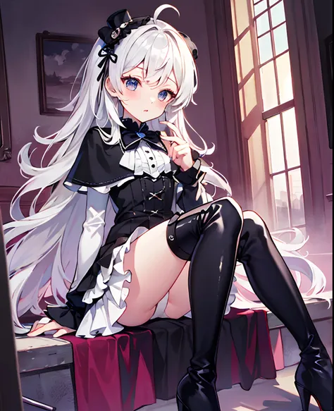 tmasterpiece， Best quality at best， ahoge， Hair over the shoulder， long  white hair，  blush of nose，  Gothic_Lolita，  thigh boots，Absolute realm，upper legs，thigh boots，full bodyesbian，Very short skirt，The reveal panties，Sat down，(kneeboots:1.3)，Black high-...