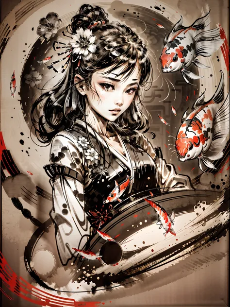 "A captivating scene of graceful koi fish elegantly swirling around a young girl, resembling an exquisite Japanese ink painting."