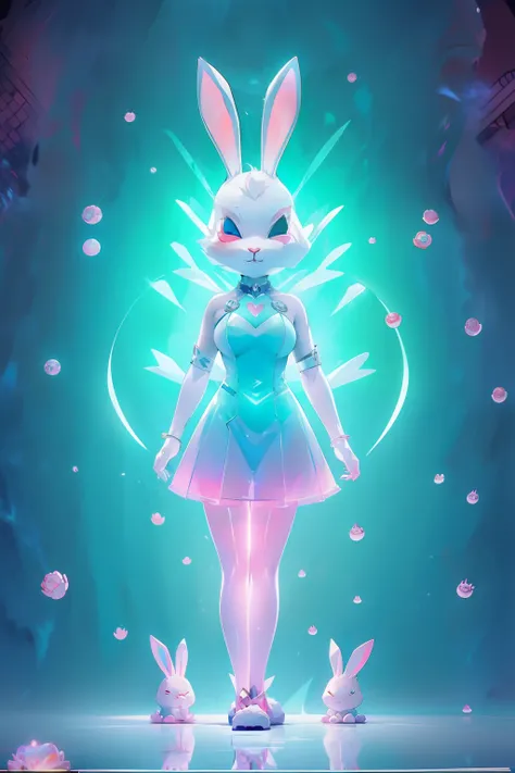 (((edgBunny)))，edgBunny，(((Behind it is a huge rabbit)))，A woman of outstanding figure，Wear a nice miniskirt，Leaking out of both shoulders，jewely，Amazing work，Vitreous luster,clean backdrop，High gloss，blue colors，In pink，cyan colors，red colour