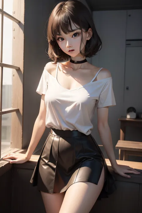 Top image quality、RAW photography、超A high resolution、An 18-year-old female、Shot for one person only、model shoot、Large round chest just below the collarbone,,,,,,、nedium breasts、tee shirt、Wearing a black skirt、Beautiful Eyes of Details、Very slender eyes、Bea...