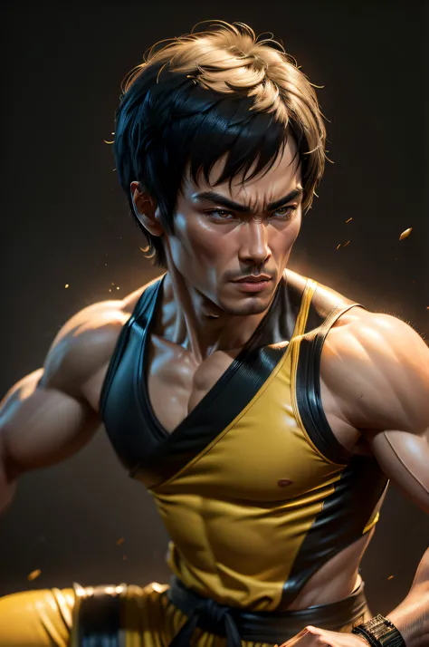 a close up of Bruce Lee a yellow and black costume, high detail iconic character, character from mortal kombat, portrait of bruce lee, cg artist, highly detailed exquisite fanart, fan art, photorealistic fan art, ross tran 8 k, daz 3d, daz 3 d, daz3d, by r...