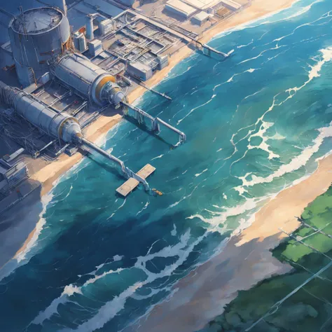 Depicting the appearance of the Fukushima nuclear power plant, Displays the drain，Dumping contaminated water into the ocean. Emphasize the contrast between nuclear power plants and the vast sea