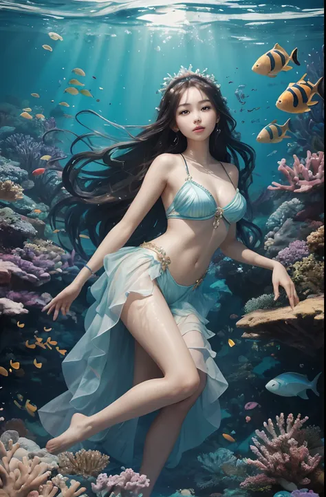 In the depths of the ocean，There is a beautiful girl，She is the elf of the sea，Accompany colorful fish and gorgeous coral reefs。

Her long hair was as thick as kelp，Soft and shiny，Flowing in water，Like a flowing ribbon。Every strand of hair shimmers with go...