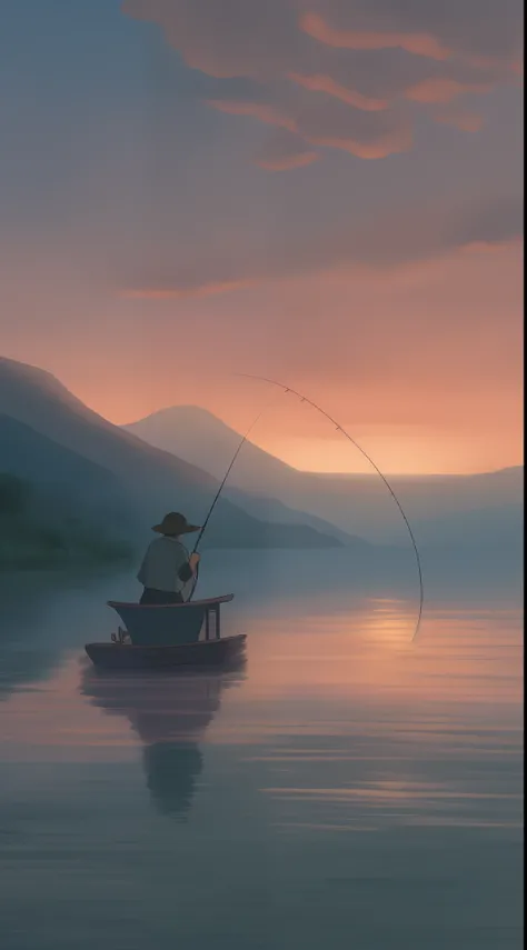 A character fishing in the waters of dusk, capturing the tranquility of the Ghiblian settings.