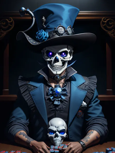 Skull Head with a Blue Jester Hat ,trickster,saturated Transparent Platinum Gray Blue,striking gaze,smirk,top,gambling,show stage,close-up,diabolic,masterpiece,8k,highest quality,intricate,Clockpunk,playing cards, a skull with a hat and a cigarette in its ...