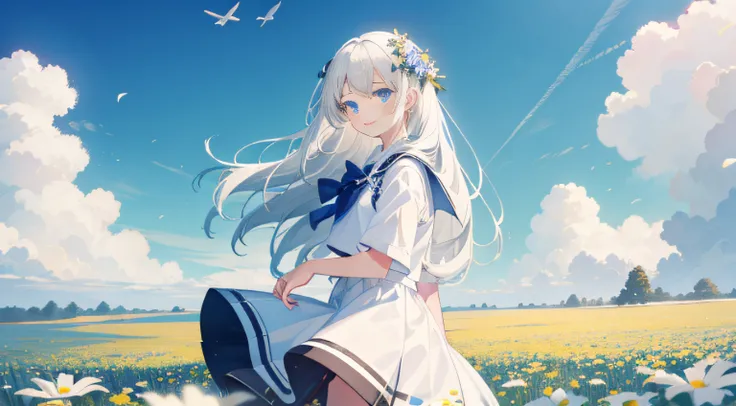 Endless fields of flowers，A smiling girl with white hair stood in the distance，blue colored eyes，White school uniform，dark blue sky，Clouds