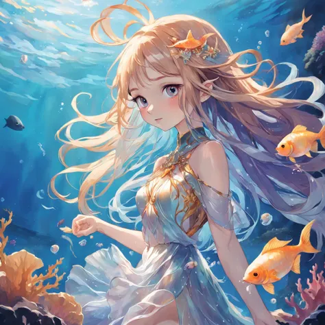 In the depths of the ocean，There is a beautiful girl，She is the elf of the sea，Accompany colorful fish and gorgeous coral reefs。 Her long hair was as thick as kelp，Soft and shiny，Flowing in water，Like a flowing ribbon。Every strand of hair shimmers with gol...