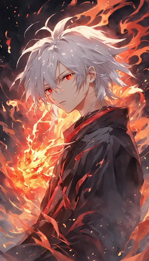 Best quality, Masterpiece, 超高分辨率, (photograph realistic:1.4), surrealism, Dream-like,fusionart, anime boy, long white hair, red eyes, in the dark, fire magic,