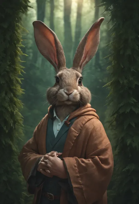 There is a painting of a man and a rabbit in the forest, arte de fantasia peluda, fantasia raposa amor, Beeple e Jeremias Ketner, arte peluda muito bonita, Cyril Rolando e Goro Fujita, Directed by: Ryan Yee, Artgerm e Atey Ghailan, anime exuberante john 8k...