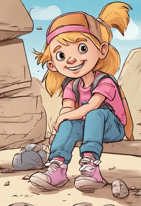 cute little explorer, in various poses and expressions against a white background, childrens book illustration style, simple, cute, 6 years old, long straight blonde hair with ponytail and bangs, pink short-sleeved shirt, jeans pictures , no belt, no hat, ...