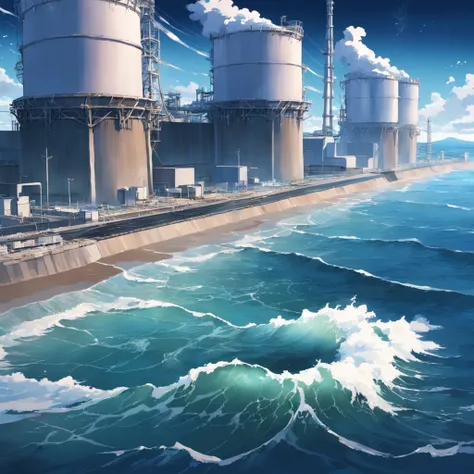 Depicting the appearance of the Fukushima nuclear power plant, Show the drain，Dumping contaminated water into the ocean. Emphasize the contrast between nuclear power plants and the vast sea