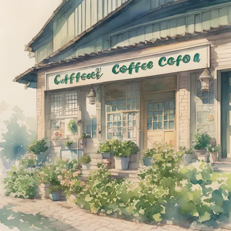 light watercolor, outside of a coffeeshop, bright, white background, few details, dreamy, Studio Ghibli --auto --s2