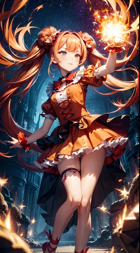 (fullbody, legs and shoes visible: 1.2)) expressive eyes, woman, pale skin, long hair, windblown hair, ((long hair)), long sidelocks, hime bangs, hair fringe, hair bun, ((long twintails)), flaming hair, red hair, blushing, full face blushing, big sparkling...