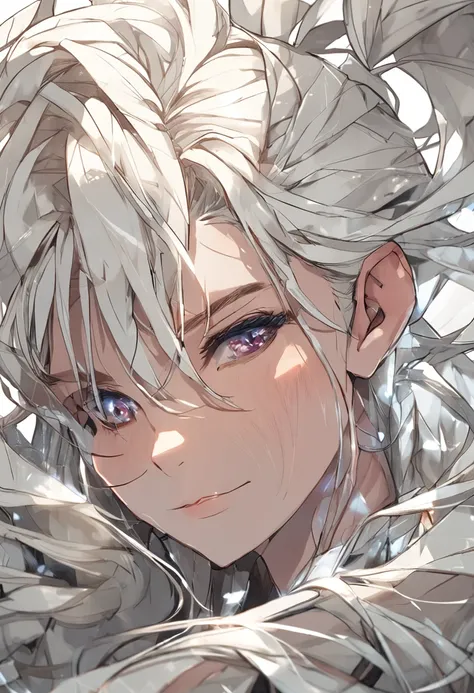 best quality, masterpiece,white hair, gold eyes,white clothes, looking up, upper body,hair strand,Fair skin,side braids