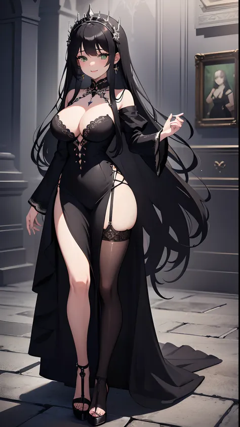 Masterpiece, dreamlike art, ultra detailed, absurdres, 1 girl, solo, full picture, long black hair, dripping_hair, green eyes like gemstone, young woman,wind blowing, holding down own skirt, gracious intricate black wedding dress with single black stocking...