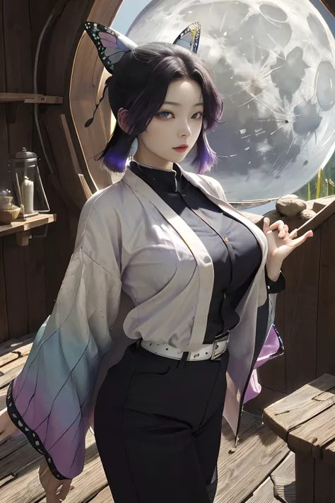 ​masterpiece, top-quality,(((((huge tit)))) ,Hi-Res, 1girl, 独奏, kochou shinobu, butterfly hair ornament, a purple eye, O cabelo multicolorido, shorth hair, partedbangs, Black pants, Black jacket, long-sleeve, a belt, cowboy  shot, the woods, natta, a moon