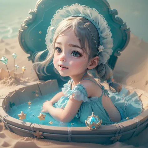 (sandbox:1.4),in a panoramic view，Solo, full bodyesbian，tchibi，Cute little girl, ,wearing blue dress，Panoramic view，Delicate headgear，ssmile，Rococo style，Material de vidro，crystal material，extremely detaile, Cinematic lighting effects，4K，tmasterpiece，offci...