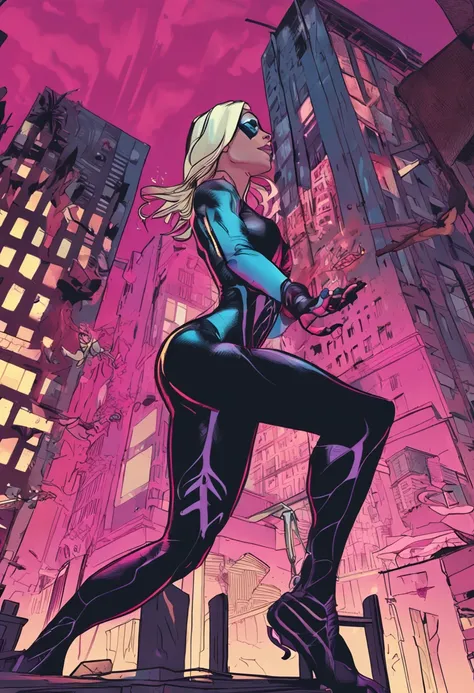 obra prima, melhor qualidade, spidergwen, cabelos curtos, pose dinamica, de costas, pulando , pernas abertas, sorrindo, noite, luzes na cidade