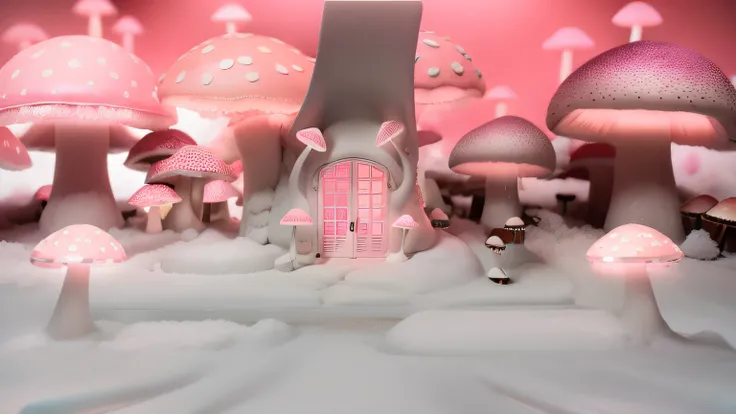 Cotton Model. mushrooms neon pink. Maquete. mushrooms neon. White snow Cotton. Maquete. Porta de madeira maquete. Cotton on the floor