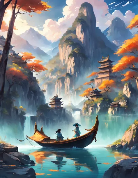 Draw a boat in a lake with mountains and sunshine, dreamlike digital painting, fantasy digital painting, fantasy. gondola boat, Chinese style painting, digital cartoon painting art, glossy digital painting, Chinese painting style, Digital fantasy painting,...