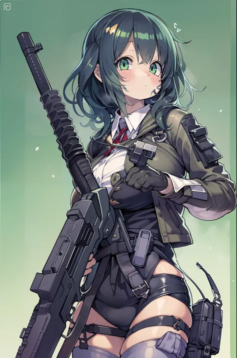 Hold a huge assault rifle、Long sideburns、Anime-style girl with beautiful whole body, clean detailed faces, ciber,analogous colors, Glowing shadows, beautiful gradients, depth of fields, CLEAN IMAGE, High quality,Black Parker Closing、 high detailing, High D...